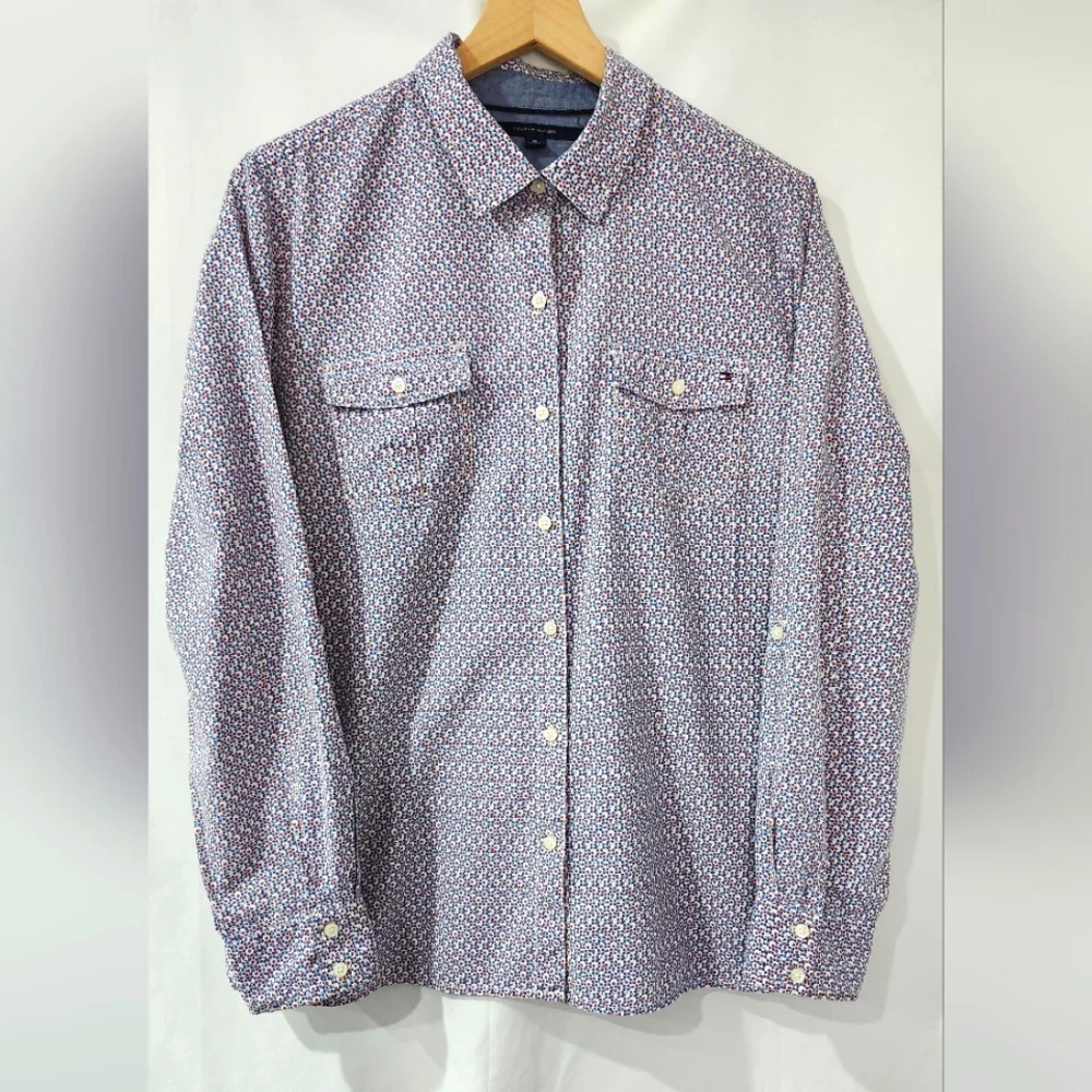 Tommy Hilfiger Womens Button Front Top Size XL Preppy Red‎ Blue Dots Roll Tab
